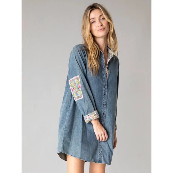 NATURAL LIFE Dresses & Skirts - NATURAL LIFE Blue Denim Mini Dress with Floral Accents